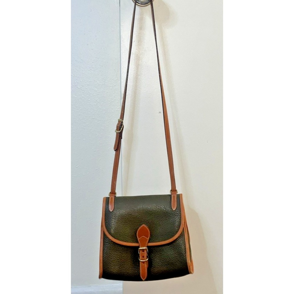 Dooney Bourke Vintage All Weather Leather Crossbody Saddle Bag Olive Green Tan